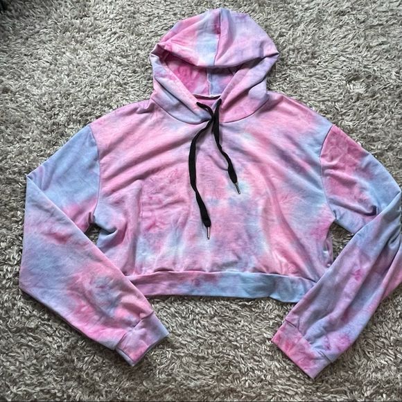Pink blue purple size Xl 📌 tie dye cotton candy color cropped hoodie/sweatshirt - Picture 2 of 8